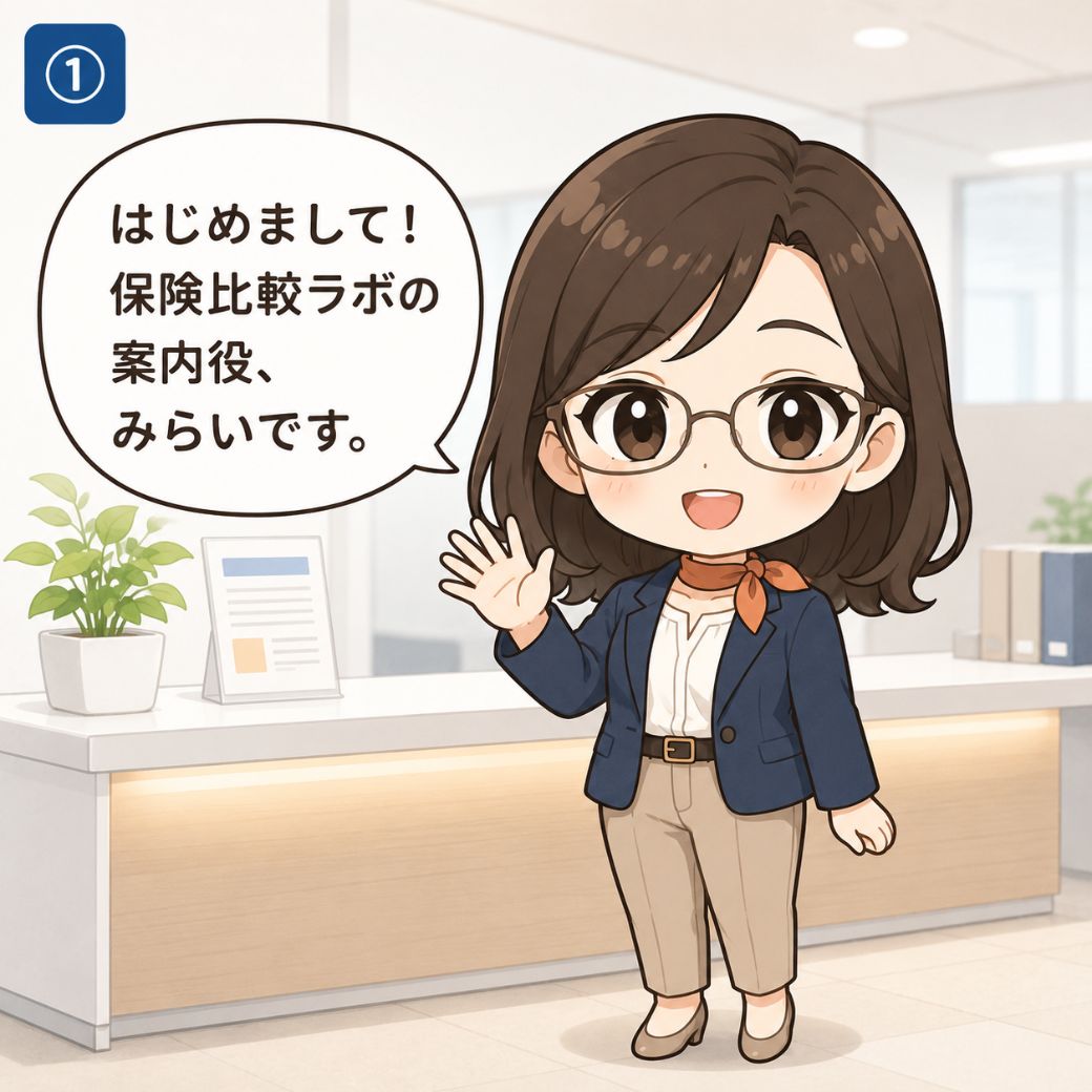 保険比較ラボの案内役みらいが、明るい受付カウンターの前で笑顔で手を振り『はじめまして、案内役のみらいです』と読者にあいさつする、自己紹介の1コマ目