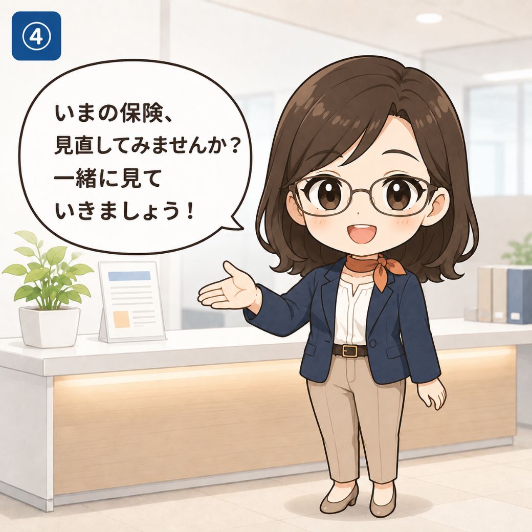 保険の見直しを呼びかけるみらいが、手で先を指し示しながら『いまの保険、見直してみませんか。一緒に見ていきましょう』と読者を前向きに案内する、自己紹介の4コマ目