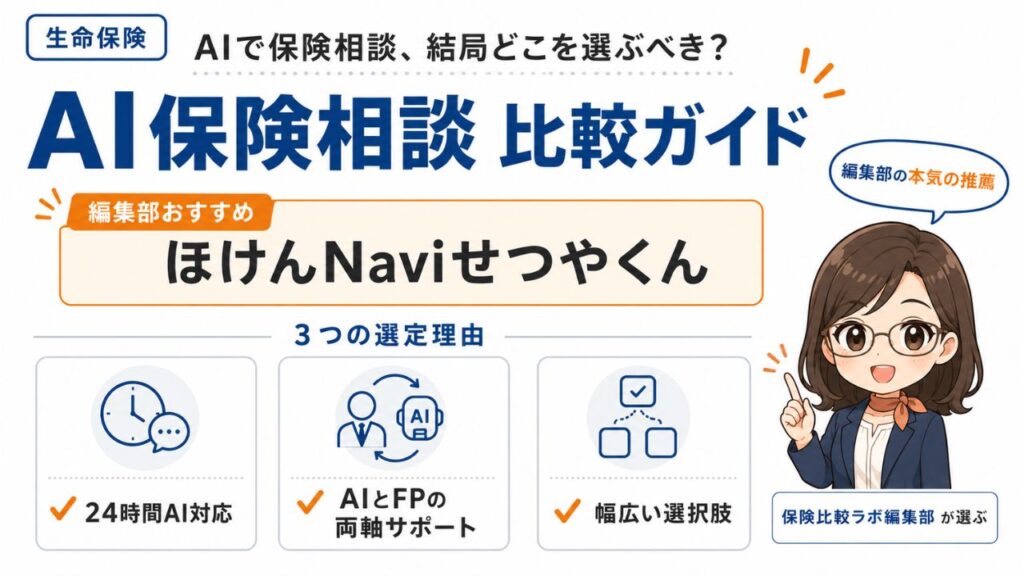 生命保険のAI保険相談比較ガイド｜編集部おすすめほけんNaviせつやくんと選定理由を解説するインフォグラフィック