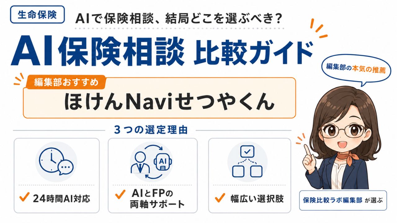 生命保険のAI保険相談比較ガイド｜編集部おすすめほけんNaviせつやくんと選定理由を解説するインフォグラフィック