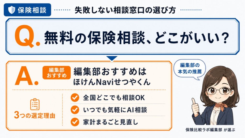 保険相談を無料でどこがいいか比較｜編集部おすすめのほけんNaviせつやくんと選定理由を解説するインフォグラフィック