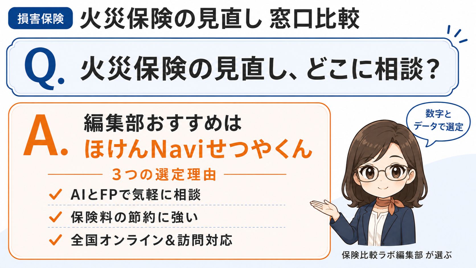 火災保険の見直しはどこに相談？｜編集部おすすめほけんNaviせつやくんと選定理由を解説するインフォグラフィック