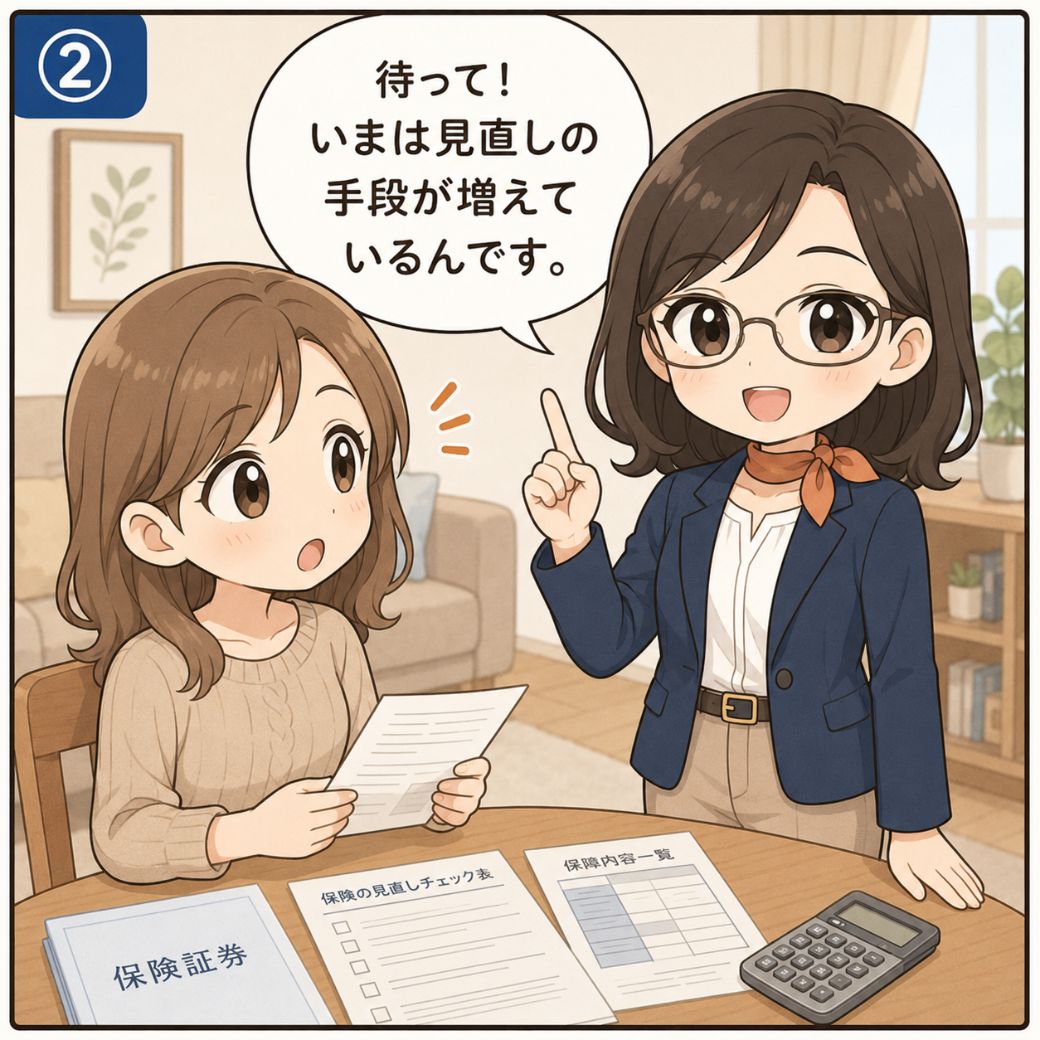 保険の見直しの手段について、案内役みらいが人差し指を立てて『待って、いまは見直しの手段が増えているんです』と伝え、女性が驚いて顔を上げる2コマ目