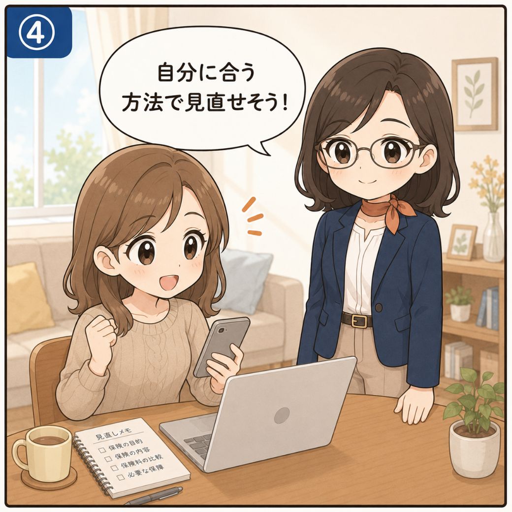 保険の見直しの始め方。女性がノートパソコンとスマートフォンを使い『自分に合う方法で見直せそう』と前向きに見直しを始め、みらいが横で見守る4コマ目